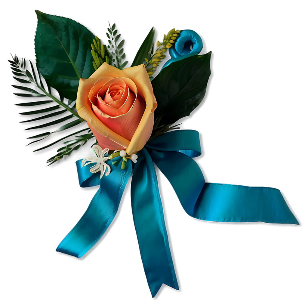 Vibrant Peach Rose Corsage with Greenery & Blue Ribbon Background Wallpaper