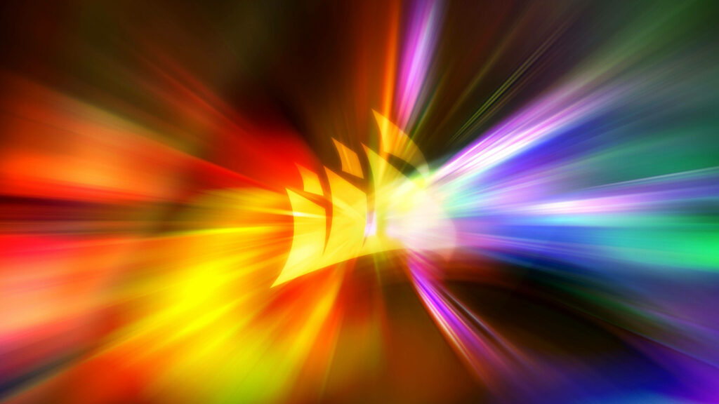 Vibrant CORSAIR logo wallpaper with multicolored light streaks futuristic digital background