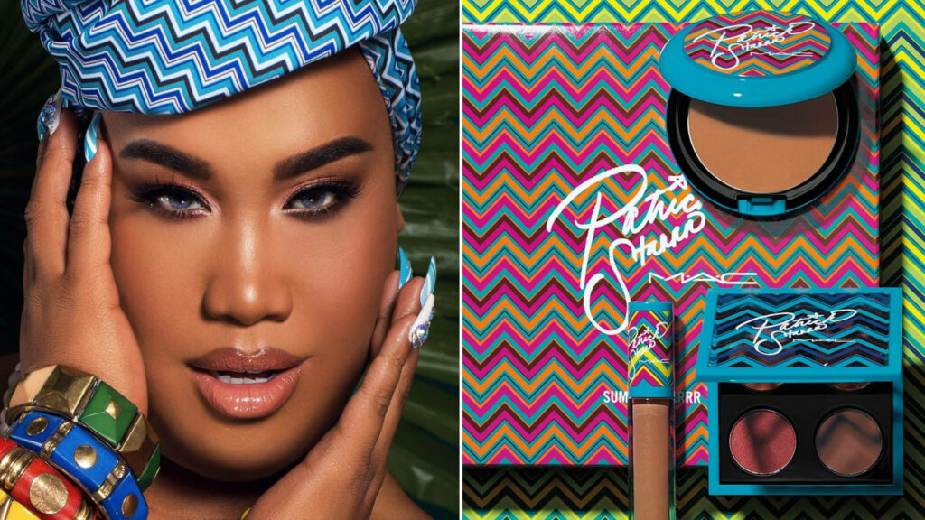 Vibrant cosmetics wallpaper with bold zigzag packaging and confident portrait in blue pink yellow