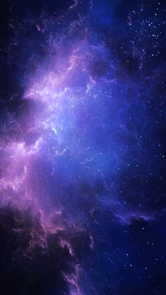 Vibrant Android space wallpaper of swirling purple and blue nebulae with soft starlight
