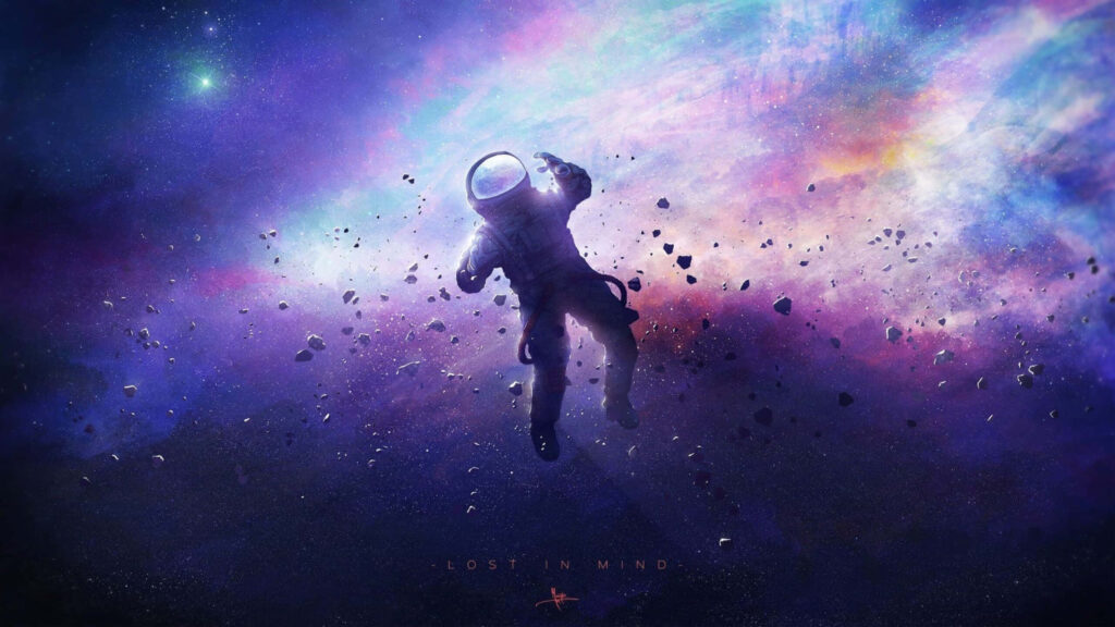 Colorful cosmic scene with astronaut gliding through purple, blue, and pink space debris. Wallpaper