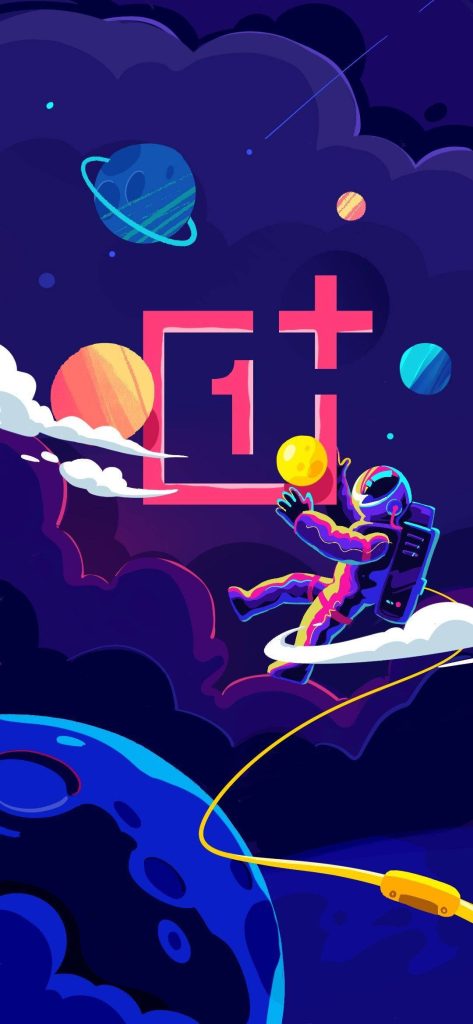 Astronaut floats in colorful nebula with planets glowing yellow orb near OnePlus logo wallpaper