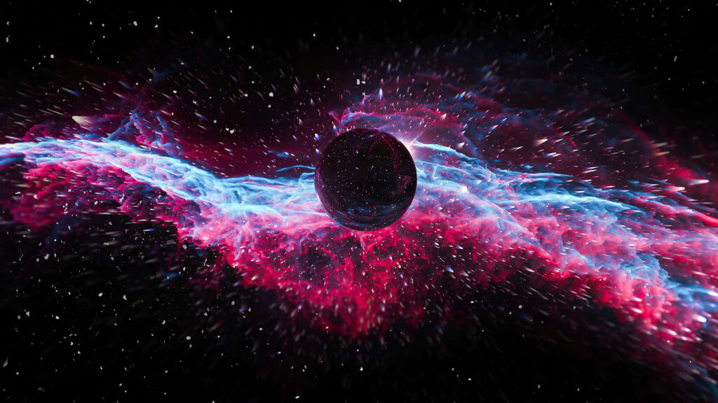 Vibrant cosmic clouds in red, blue, purple embrace a dark celestial sphere in deep space. Wallpaper