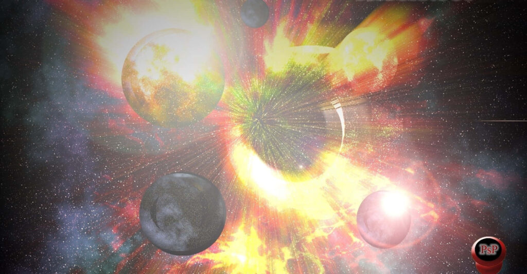 Colorful animated cosmic explosion featuring celestial planets and vibrant space wallpaper.