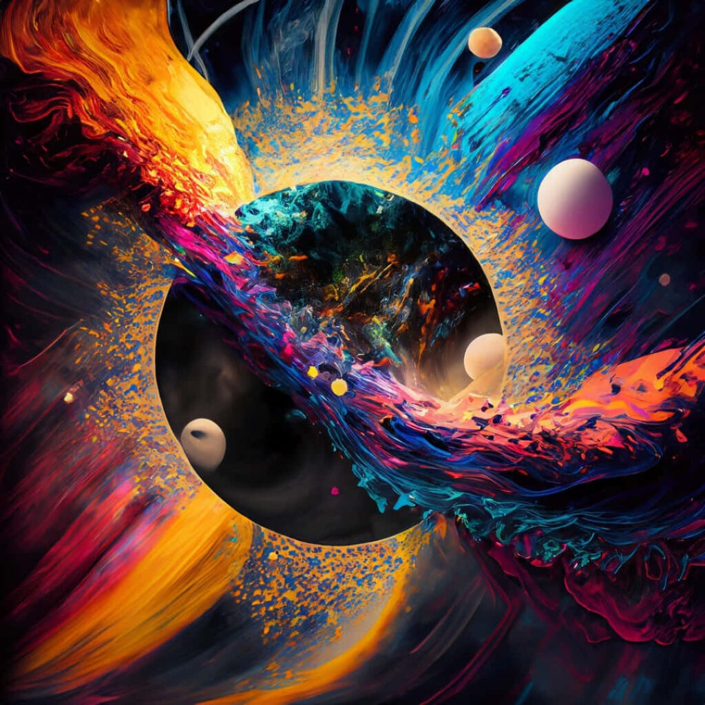 Vibrant Cosmic Explosion Wallpaper: Abstract Paint Splatters & Planets