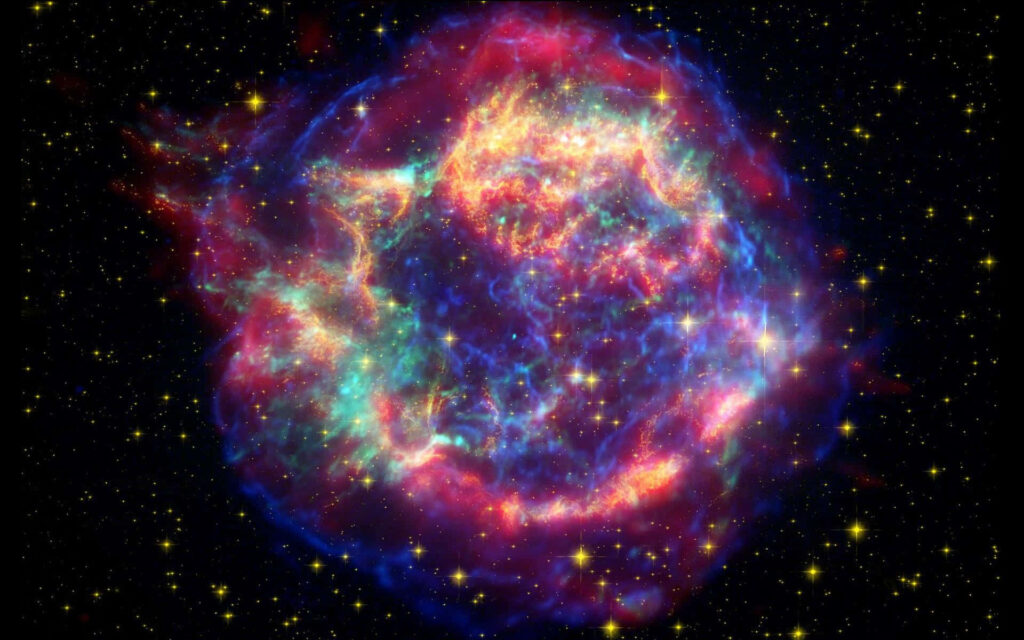 Vibrant cosmic explosion with colorful clouds, stars, and stellar hues, showcasing universe beauty. Wallpaper