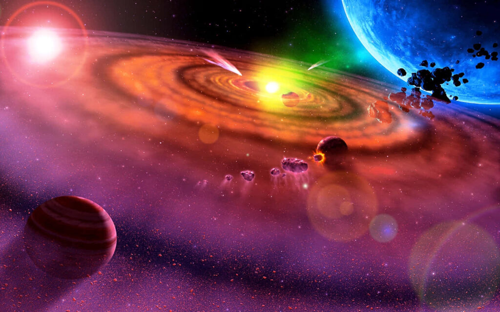 Vibrant cosmic galaxy with colorful gas rings, celestial bodies, and distant planets in space. Wallpaper