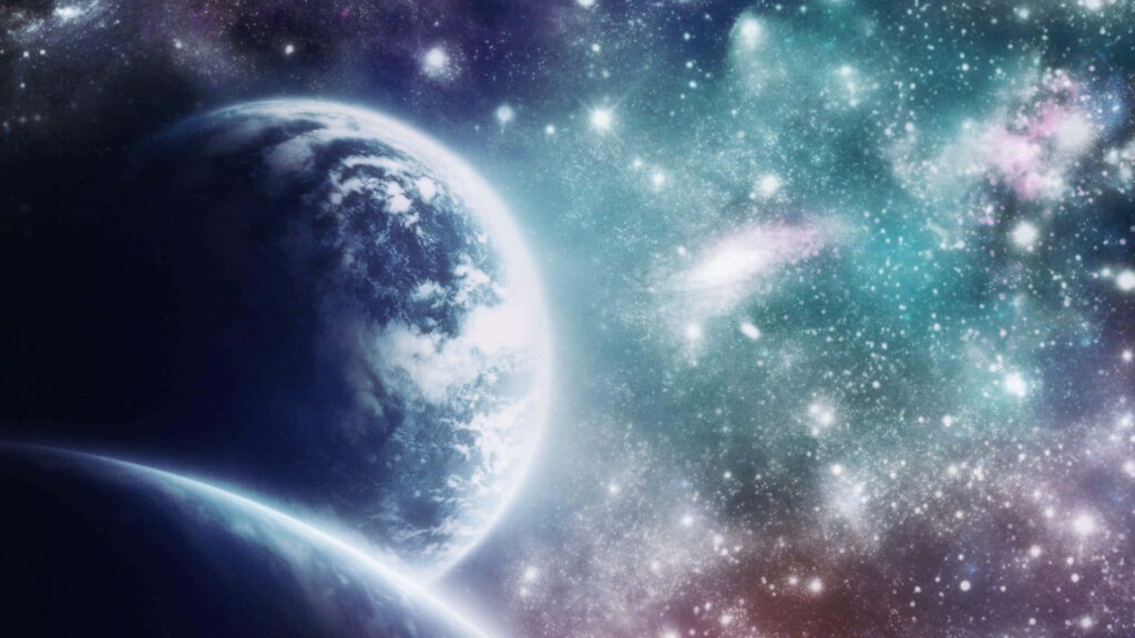 Vivid cosmic wallpaper featuring a detailed planet in a starry galaxy with vibrant colors.