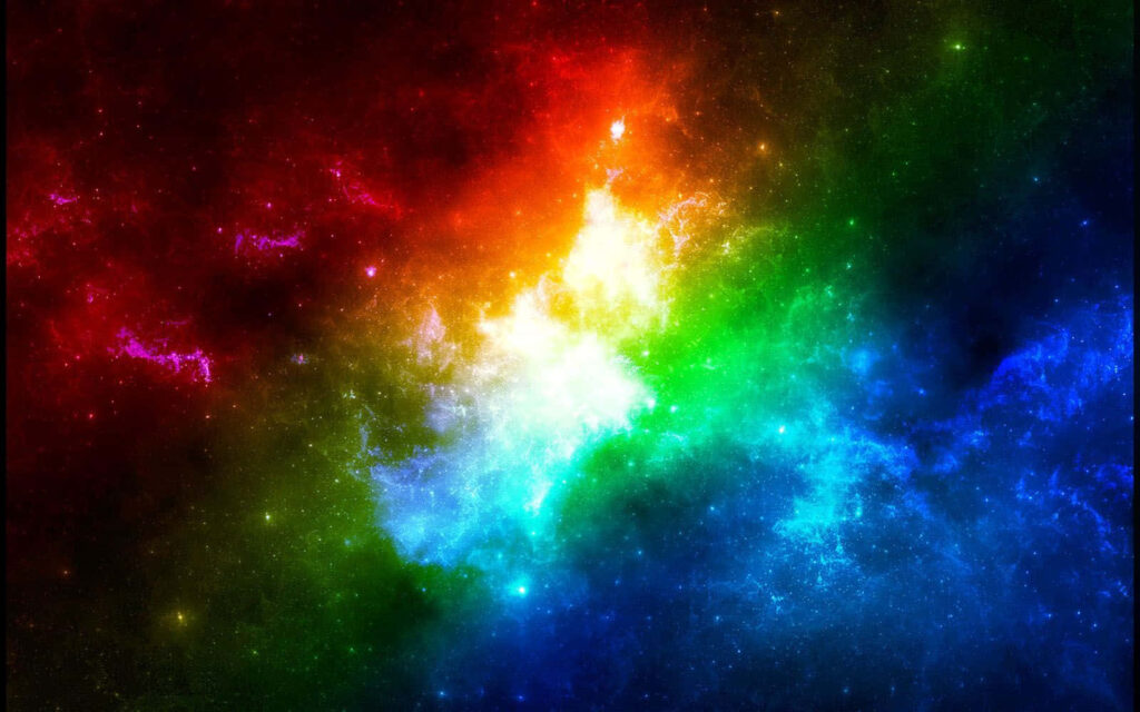 Vibrant cosmic galaxy wallpaper blending vivid red, blue, and yellow hues in a stunning scene.