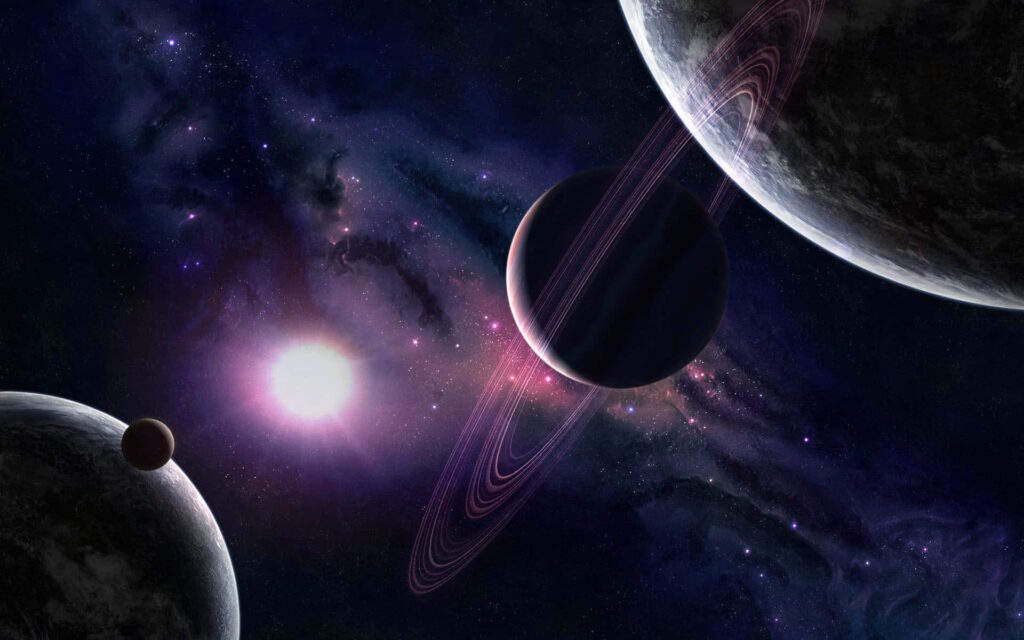 Vibrant cosmic galaxy with glowing stars, nebulae, and a stunning ringed planet illuminated. Wallpaper