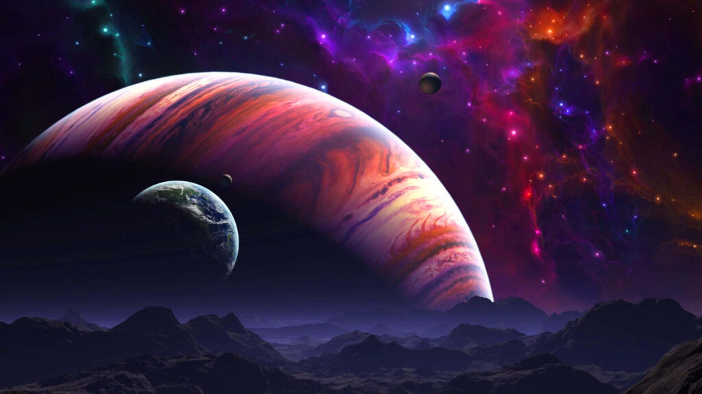 Vibrant cosmic landscape with colorful gas giant, nebula, and serene mountain foreground. Wallpaper