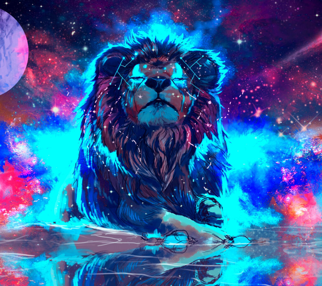 Majestic Lion Cosmic Wallpaper: Neon Galaxy Background Art