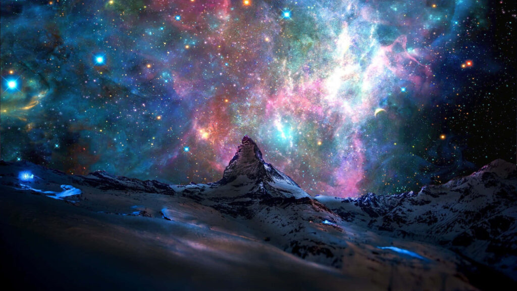 Vibrant cosmic nebula over snow-covered mountains; stunning night sky wallpaper.
