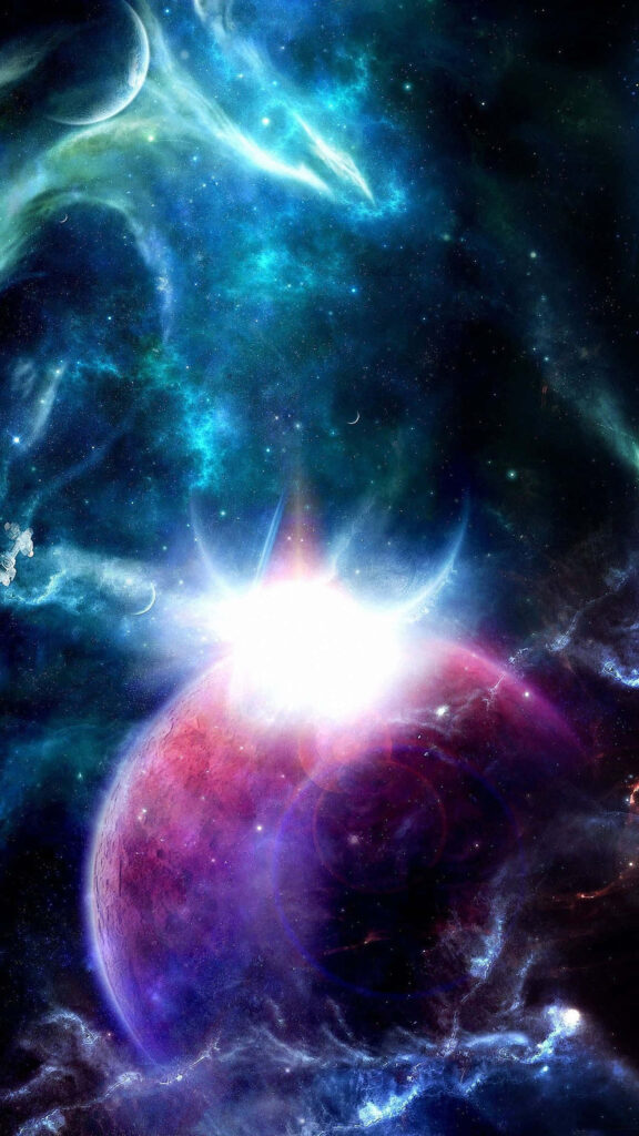 Vivid cosmic artwork featuring vibrant nebulae and a glowing celestial body in space. Wallpaper