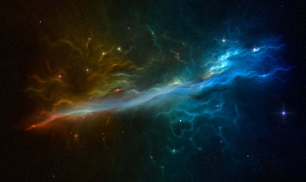 Vibrant cosmic nebula in blue, yellow, and orange hues, creating a stunning space wallpaper.