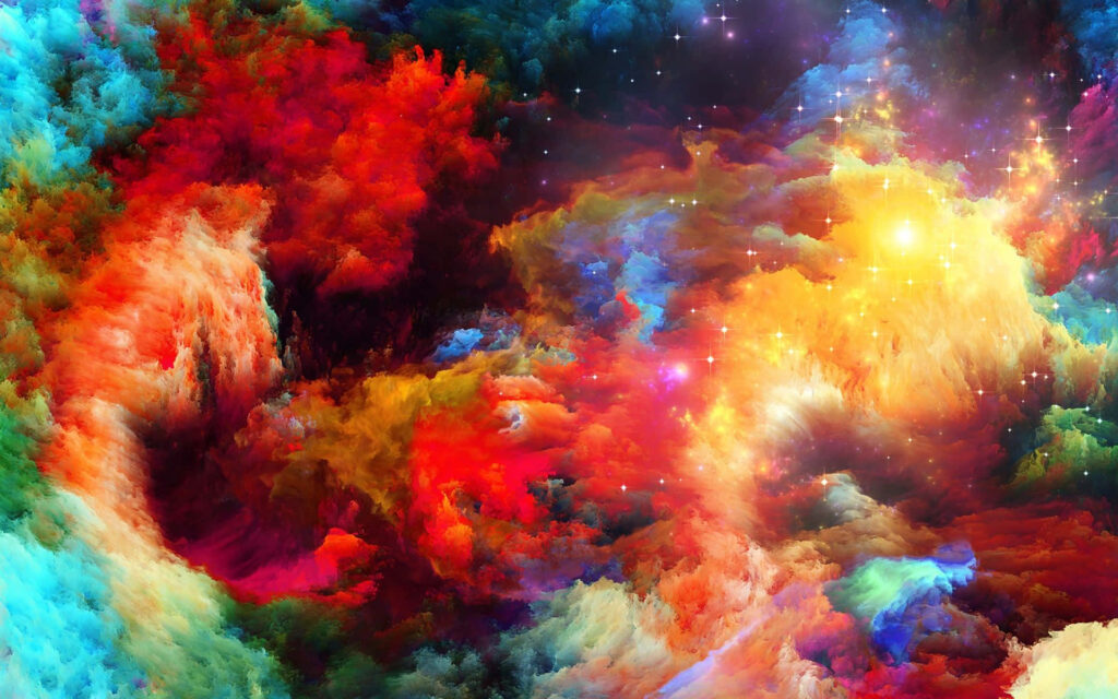 Vibrant cosmic wallpaper with swirling nebulae and bright stars in dynamic colors.