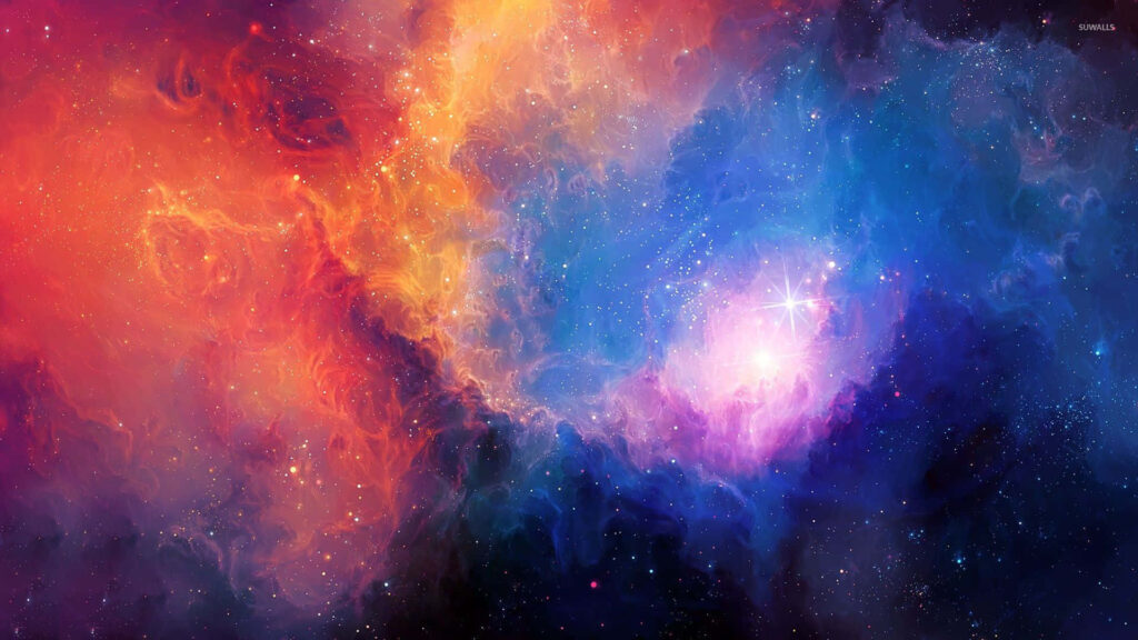 Vibrant cosmic wallpaper with reds, blues, purples, and twinkling stars in a stunning nebula.
