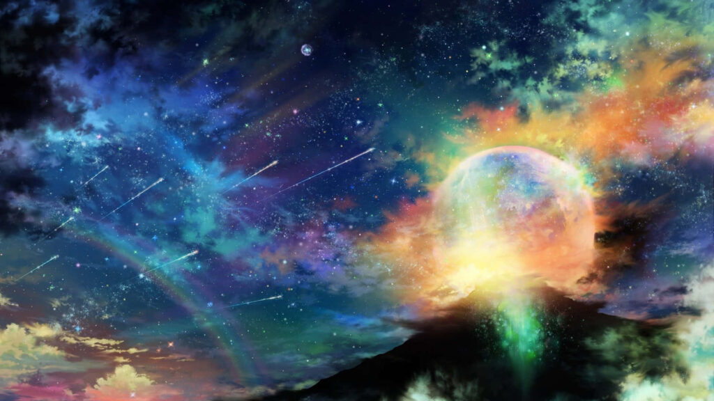 Vibrant starry night sky with colorful galaxies, meteors, and a luminous planet over mountains. Wallpaper