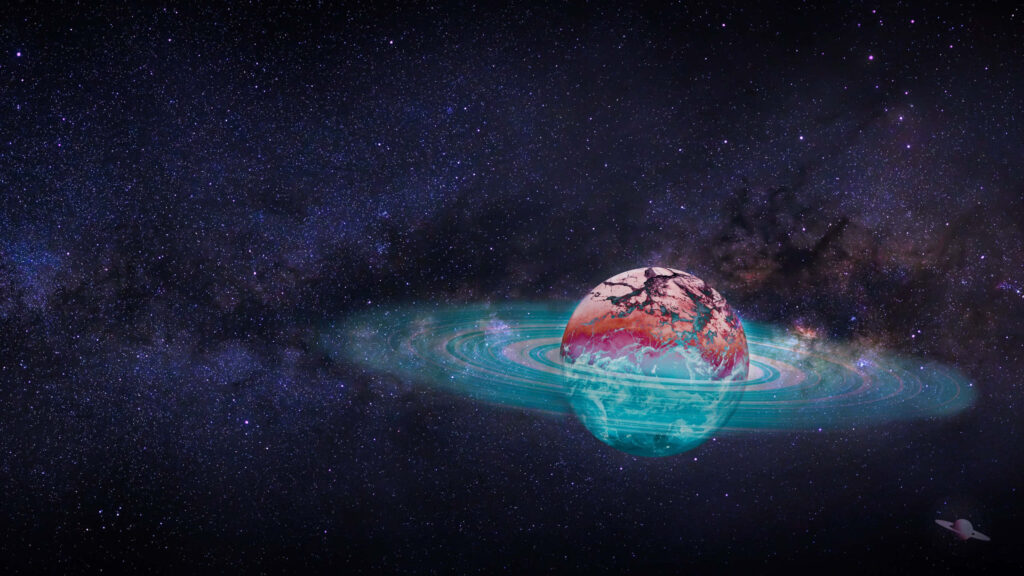 Vibrant cosmic wallpaper with a glowing planet and rings against a starry galaxy backdrop.