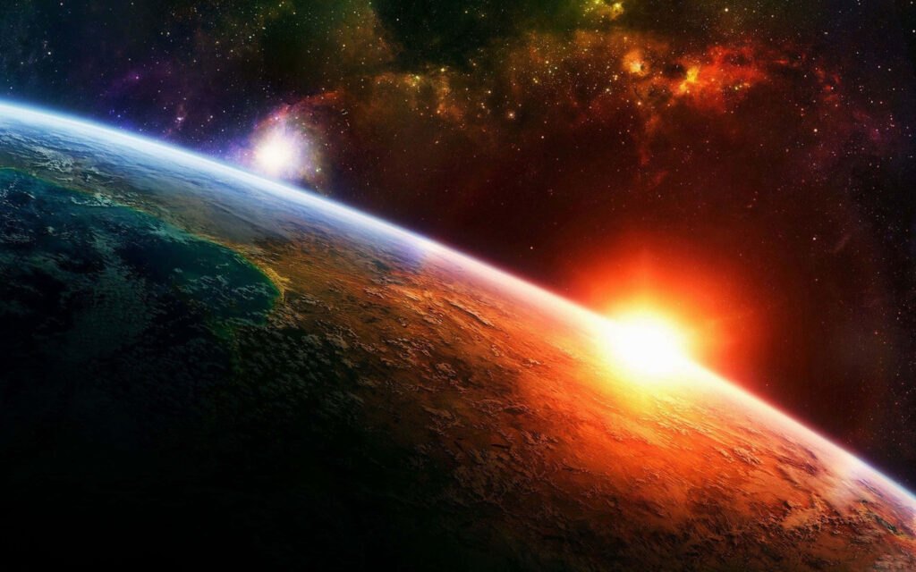 Vibrant cosmic sunrise over planet, with colorful nebulae and twinkling stars in space. Wallpaper
