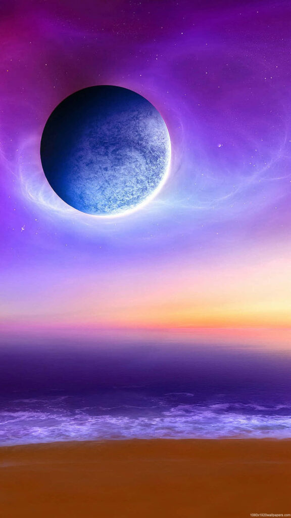 Vibrant cosmic sunset over ocean with glowing blue planet in purple-orange sky wallpaper.