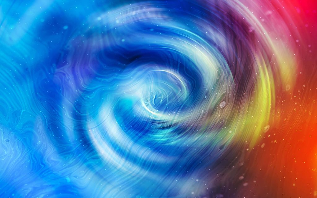 Vibrant cosmic swirl digital art wallpaper with blue to orange galaxy vortex and stardust background