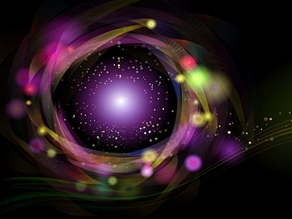 Abstract cosmic swirl wallpaper with vibrant colorful ribbons around glowing purple center galactic background