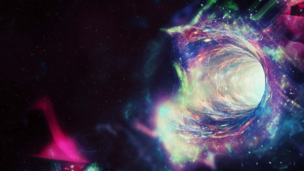 Vibrant cosmic vortex wallpaper radiating colorful light in a starry space backdrop.