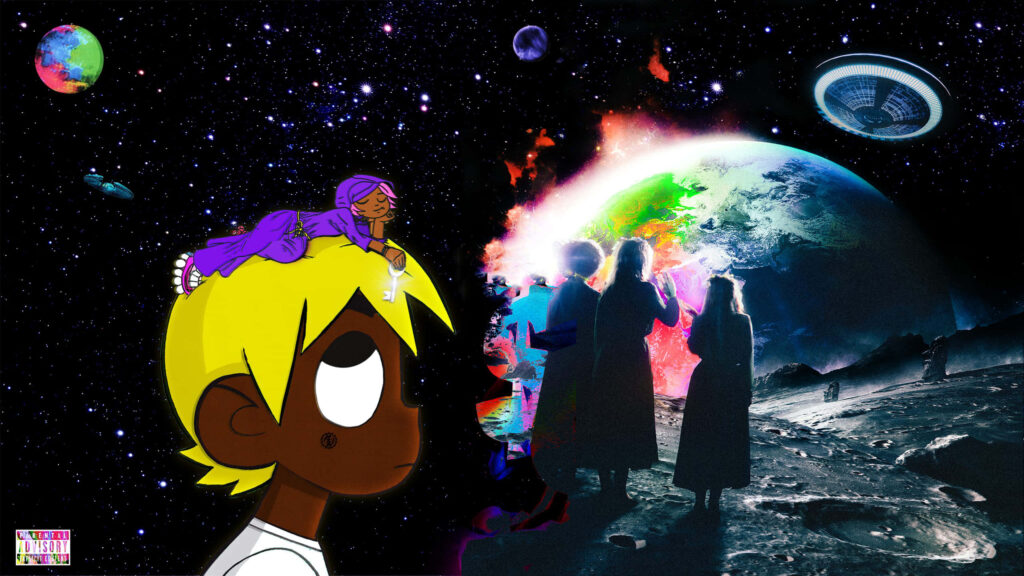 Vibrant Cosmic Cartoon Wallpaper with UFO and Planetary Landscape