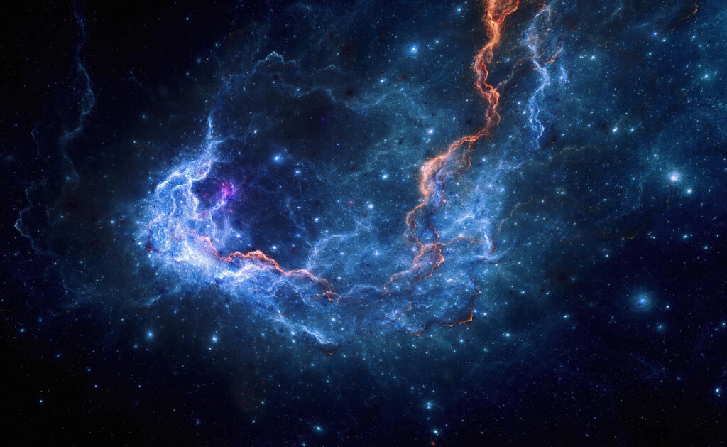 Vibrant space wallpaper with glowing blue nebulae and orange cosmic energy streaks.