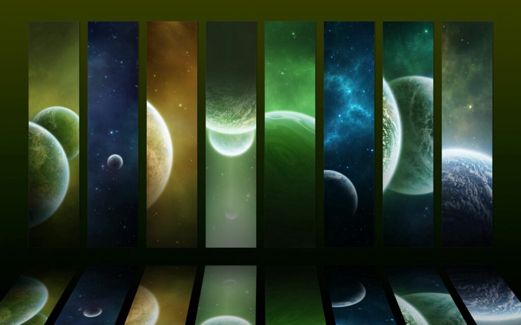 Vibrant Vertical Stripes Wallpaper with Colorful Cosmic Planets