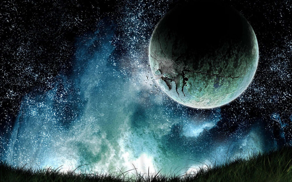 Serene cosmic wallpaper: cracked planet amidst vibrant blue nebulae, space mysteries