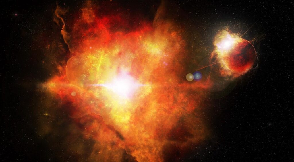 Vibrant Nebula Wallpaper: Fiery Cosmic Scene with Distant Planet