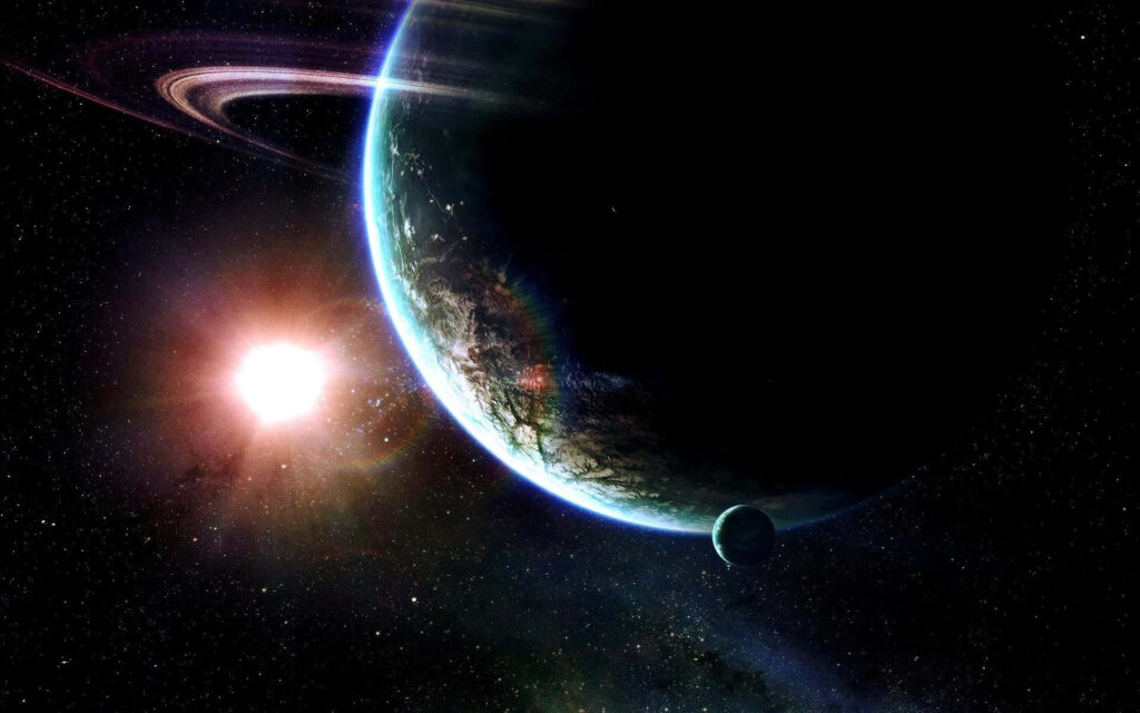 Vibrant cosmic wallpaper with glowing planet, radiant sun, and mesmerizing starry space
