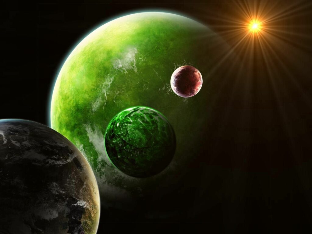 Cosmic Wallpaper: Vibrant Green & Red Planets in Outer Space