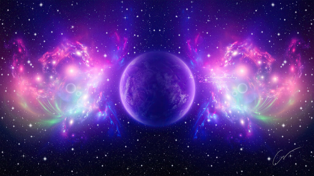 Vibrant cosmic wallpaper featuring a colorful planet and glowing nebulae in deep space.