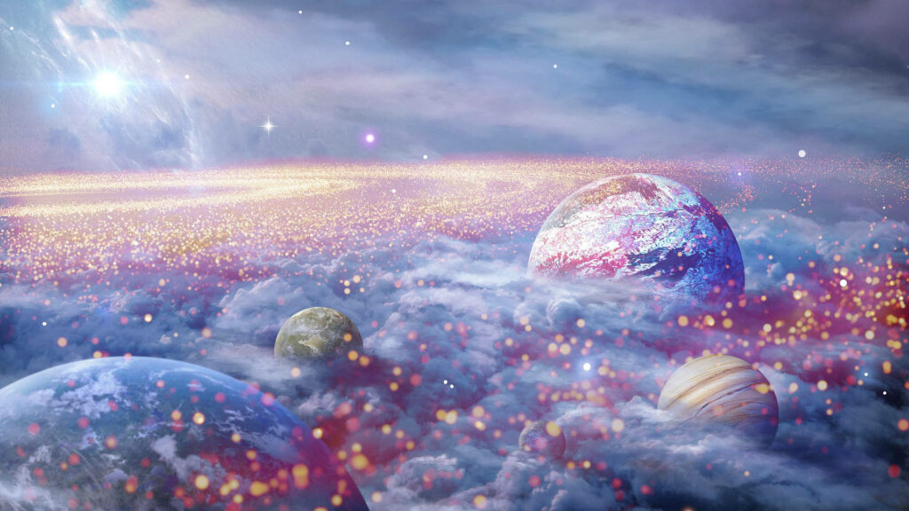 Vibrant Cosmic Wallpaper: Dreamy Planets & Glowing Celestial Lights
