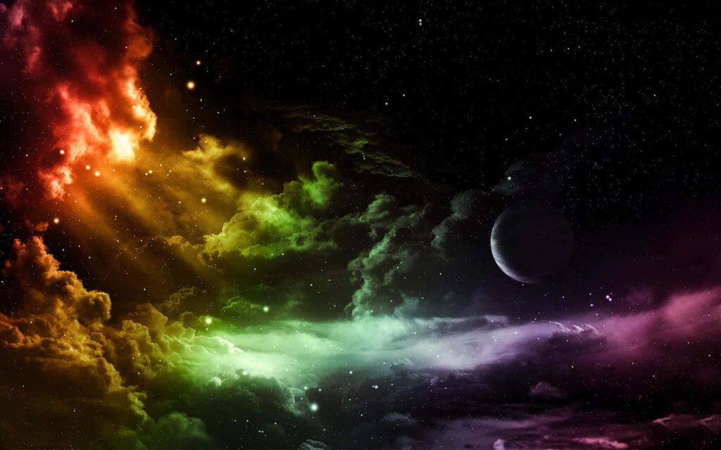 Cosmic Wallpaper: Vibrant Red, Green, Yellow & Purple Clouds in Space