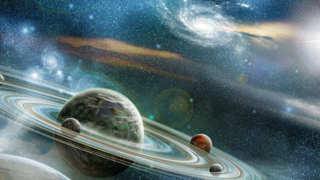 Stunning cosmic wallpaper featuring vibrant planets, intricate rings, and radiant galaxies.