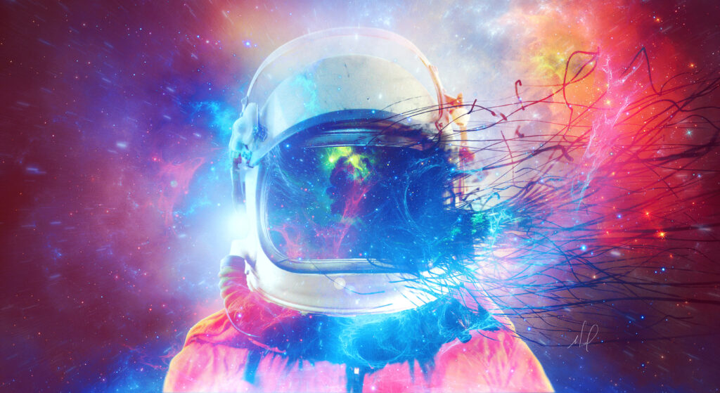 Vibrant Cosmonaut Wallpaper: Colorful Space Suit & Cosmic Background