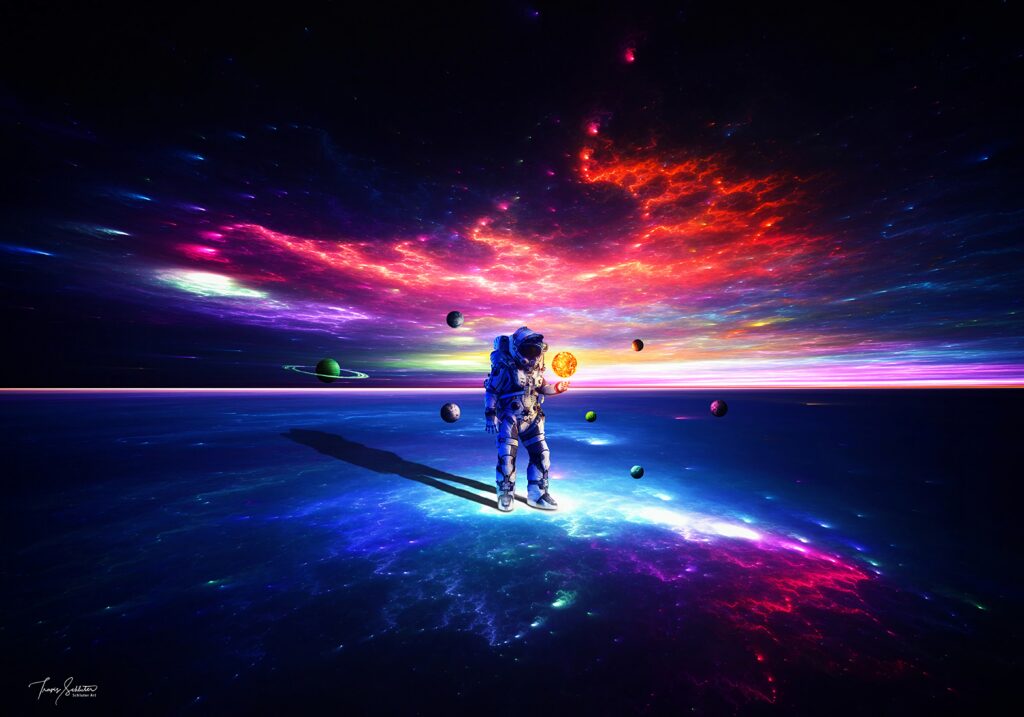 Vibrant Cosmonaut Wallpaper: Surreal Cosmic Landscape Background