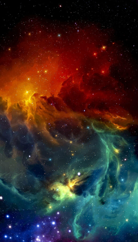 Vibrant digital galaxy wallpaper with swirling red orange teal nebulae on deep black starry background