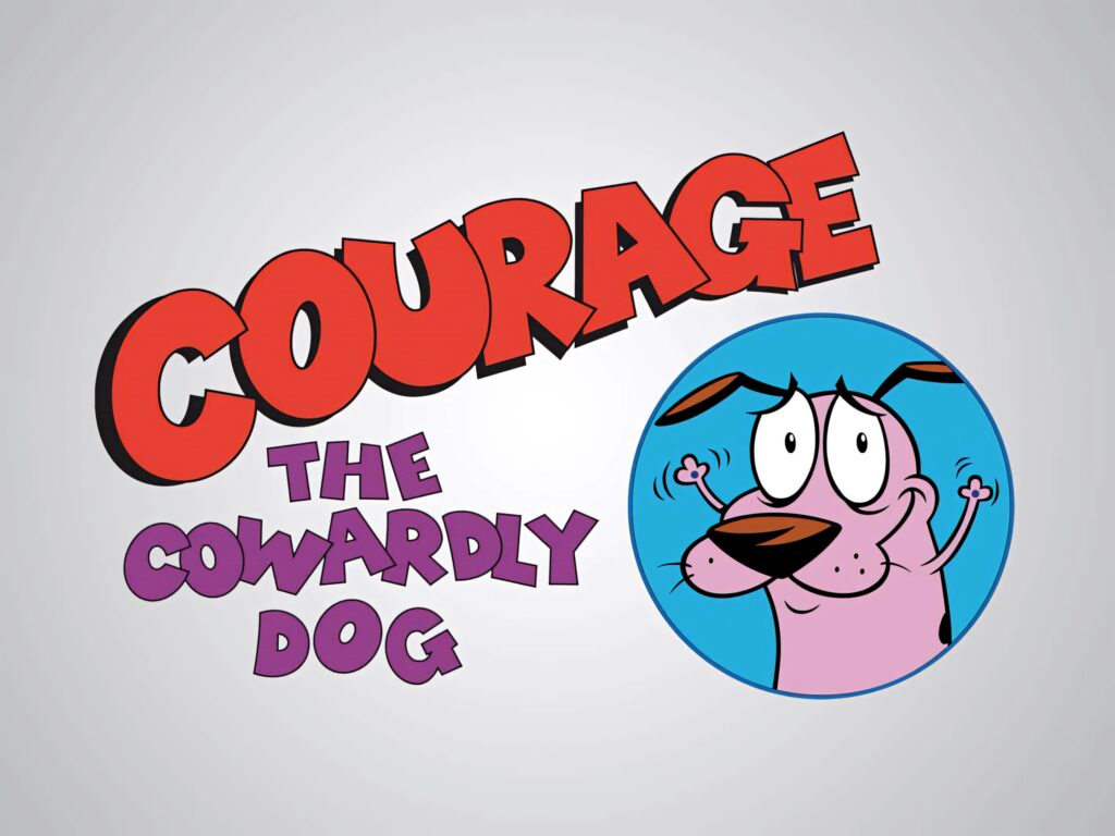 Courage the Cowardly Dog wallpaper with vibrant pink face blue circle bold red purple text background