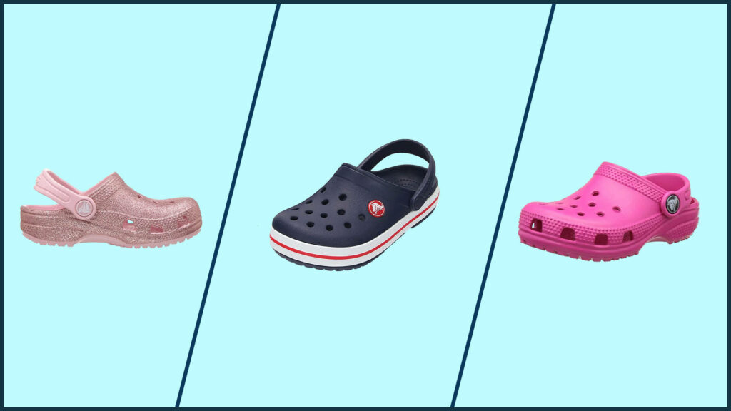 Three colorful Crocs sandals pink navy red stripe bold pink on light blue background wallpaper