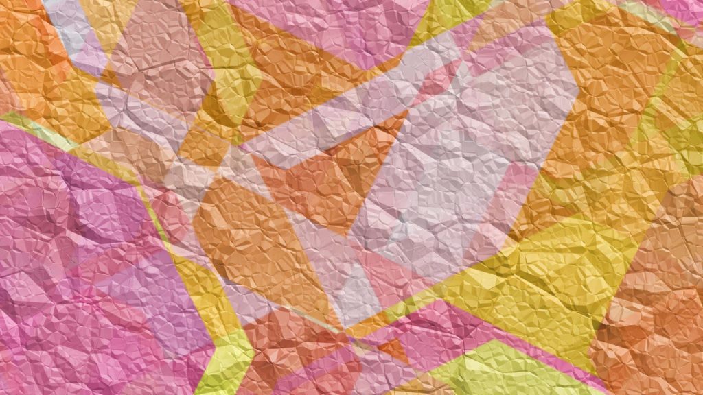 Vibrant crumpled paper wallpaper with abstract geometric design in warm pink orange yellow hues