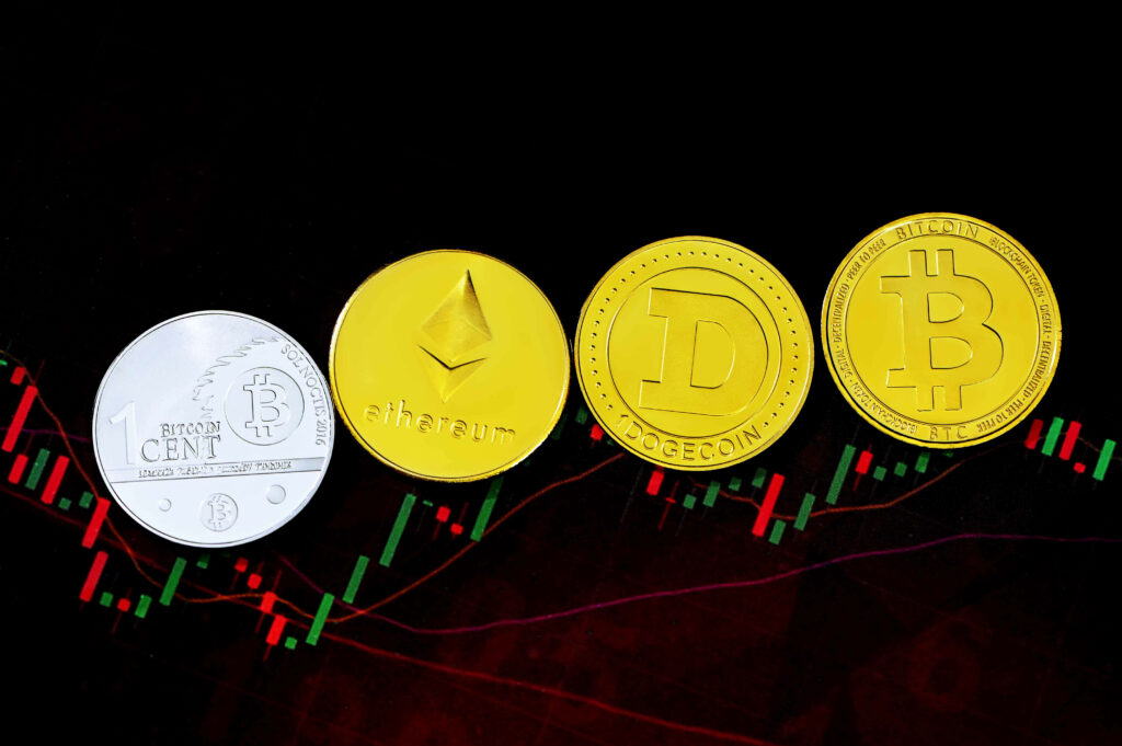 Cryptocurrency coins Bitcoin Dogecoin Ethereum with dynamic financial chart background wallpaper