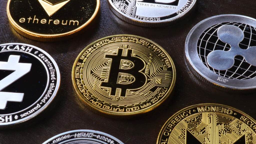 Colorful wallpaper showing Bitcoin Ethereum Ripple and other cryptocurrencies for crypto trading