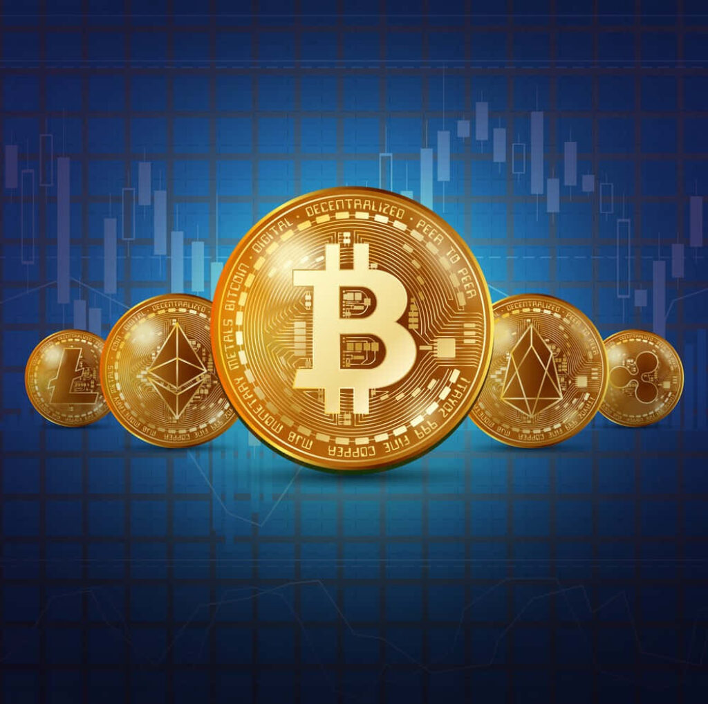 Vibrant digital wallpaper of Bitcoin and cryptocurrencies with financial charts background