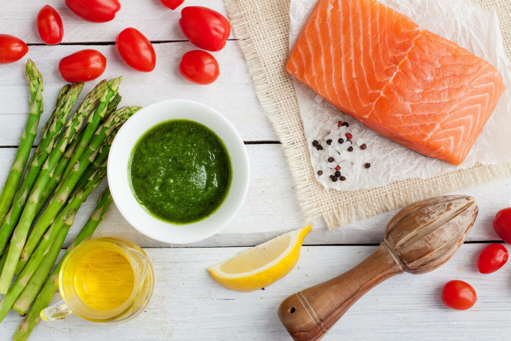 Vibrant Culinary Wallpaper: Fresh Salmon, Asparagus & Cherry Tomatoes