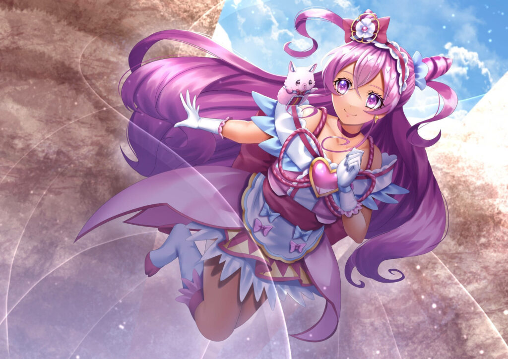 Vibrant Cure Precious Wallpaper: Anime Elegance with Purple Magic